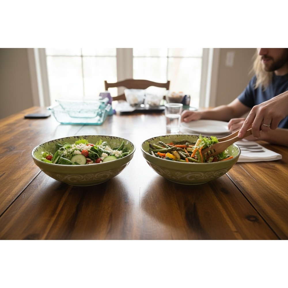 Palm Restaurant Pasta Salad Bowls Set of 2 8" Green Very Good Scroll Distressed